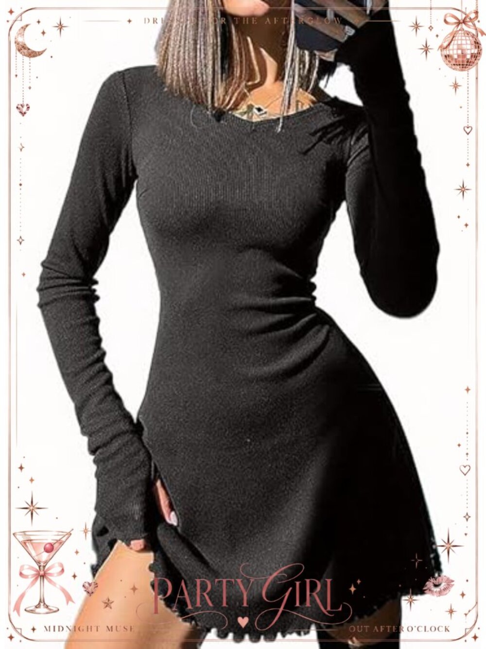 Women Long Sleeve Mini Party Dress Thumb Holes Tie Back Stretchy Bodycon